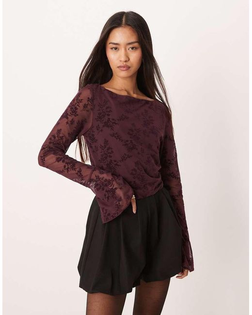 Gina Tricot Red Floral Flare Long Sleeve Top