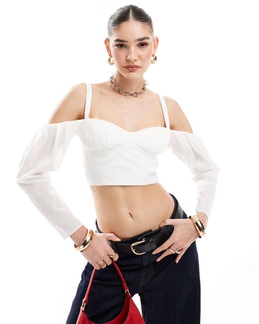 ASOS White Ruched Bust Crop Top With exaggerated Sleeves