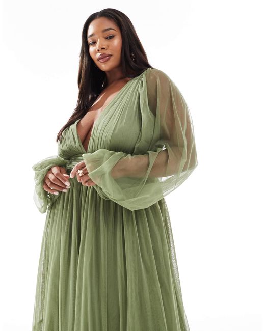Lace & Beads Plus Bridesmaid Madison Long Sleeve Maxi Dress in Green | Lyst