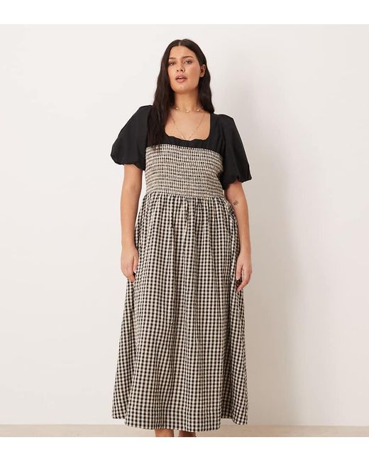 ASOS Brown Asos Design Curve Shirred Bodice Maxi Dress With Puff Sleeve