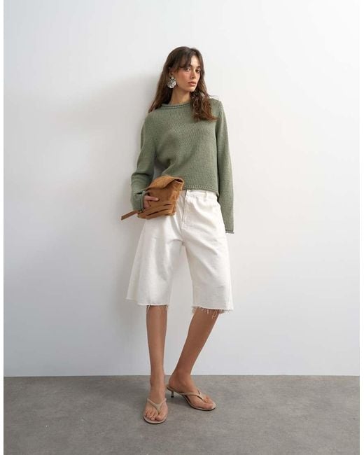 TOPSHOP Green Knitted Long Sleeve Top With Roll Hem Trims