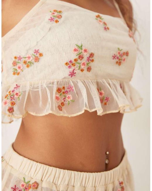 ASOS Brown Sheer Frill Hem Crop Top With Embroidery