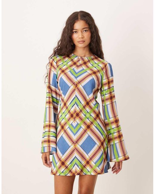 ASOS Natural Crew Neck Mini Dress With Flare Sleeve