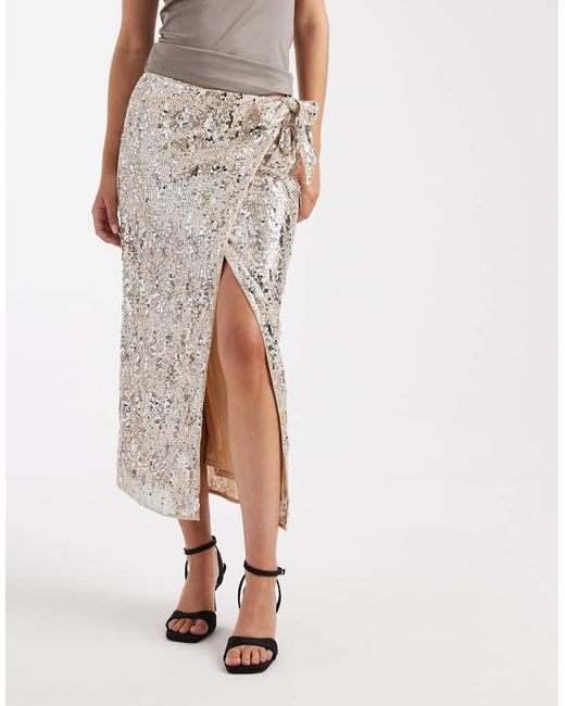 ASOS Natural Mixed Sequins Wrap Midi Skirt