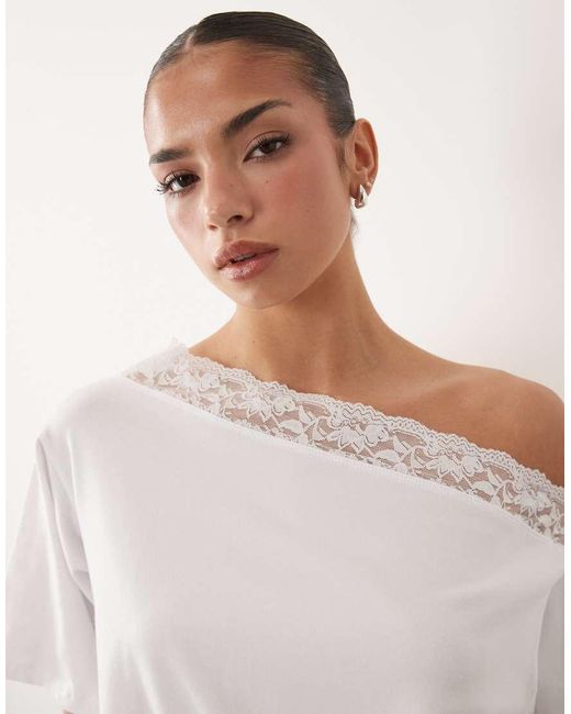 ASOS White Fallen Shoulder With Lace Trim Top