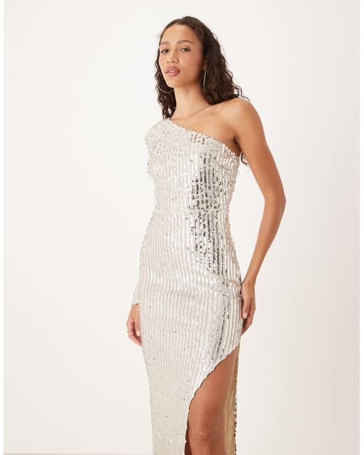 True Decadence Natural Sequin Asymmetric Sleeve Side Split Maxi Dress
