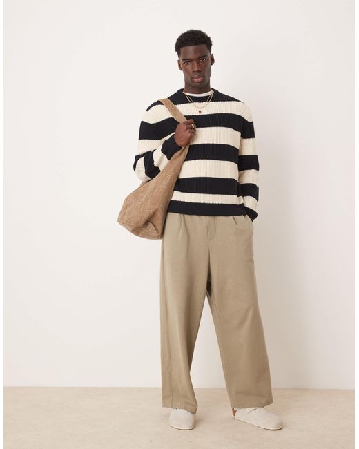 ASOS Natural Oversized Boxy Fit Knitted Fisherman Rib Jumper With Stripe for men
