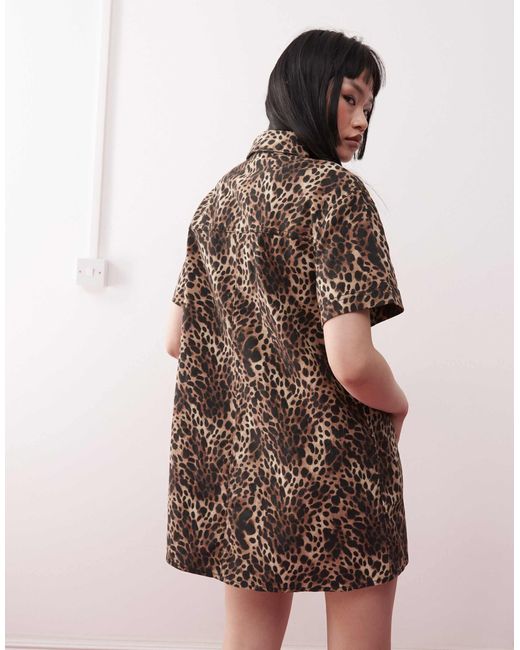 Monki Pink – oversize-hemdkleid aus twill mit leopardenmuster