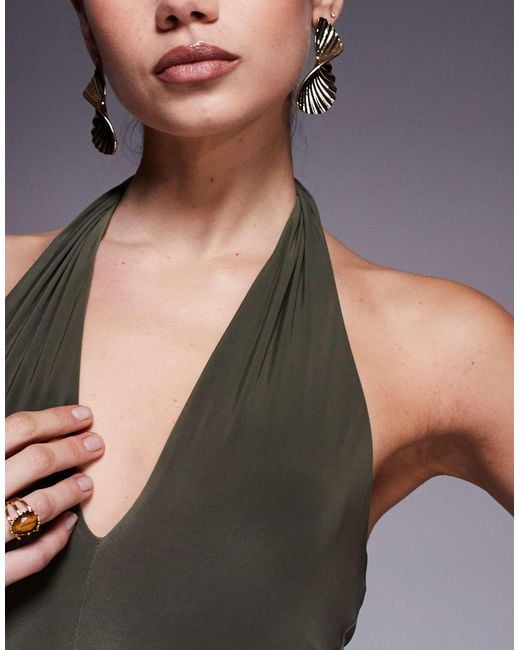 Fashionkilla Gray Exclusive Double Sculpted Slinky Plunge Halterneck Godet Hem Maxi Dress