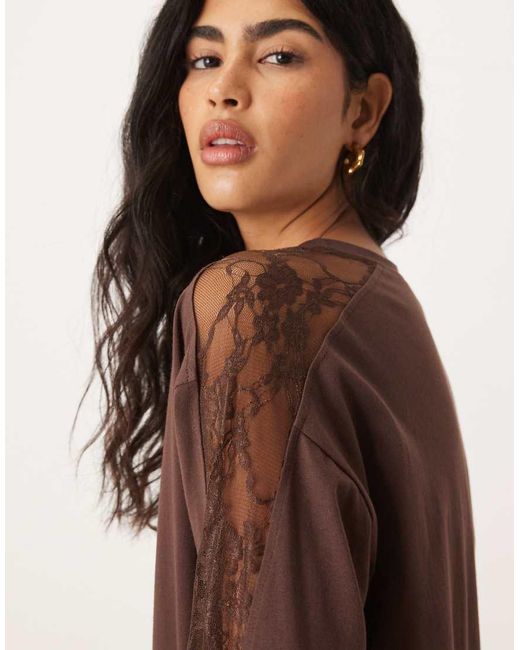 ASOS Brown Long Sleeve Oversized Top With Lace Trim Detail