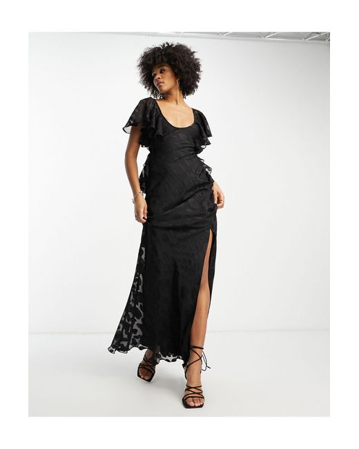ASOS Black Asos Design Tall Satin Spot Flutter Sleeve Maxi Dress With Open Back