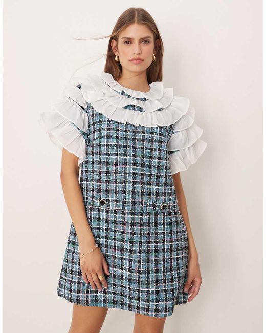 Sister Jane Blue Ruffle Top Tweed Check Mini Dress