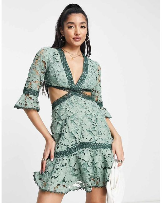 ASOS Green Lace Mini Dress With Circle Trim And Cut Out Detail