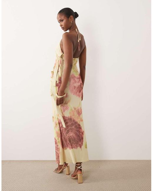 ASOS Natural Draped Sash Floral Mesh Maxi Dress With Tie Side Fallen Bow Strap