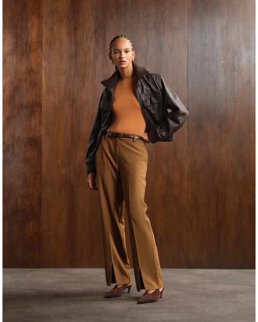 ASOS Brown Tailored Mid-rise Relaxed Pants With Belt And Split Hem