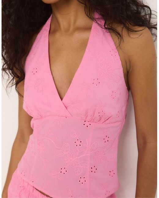 Stradivarius Pink Embroidered Halter Top