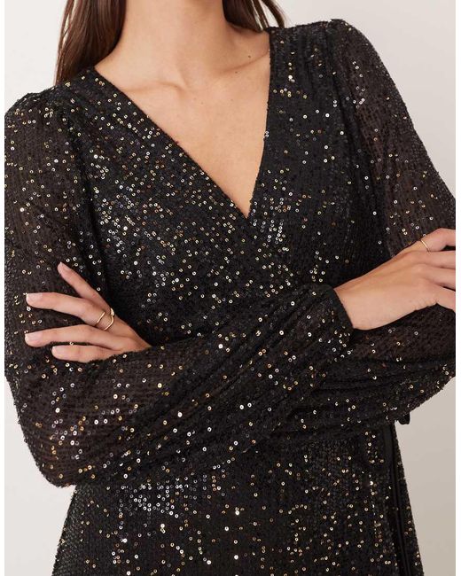 Lovedrobe Natural Sequin Faux Wrap Long Sleeve Midi Dress