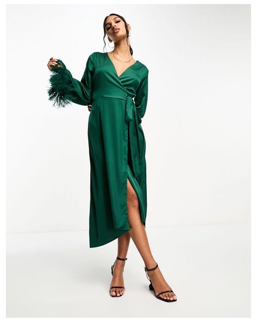 TFNC London Green Satin Midi Wrap Dress With Faux Feather Cuffs