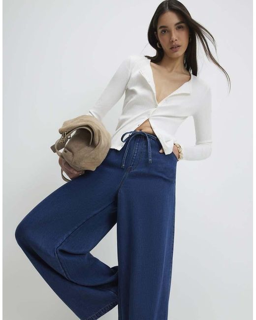 River Island Blue High Waisted Drawstring Wide Leg Jeans