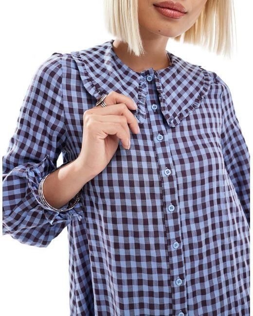 Daisy Street Blue Gingham Shift Smock Dress With Ruffle Collar