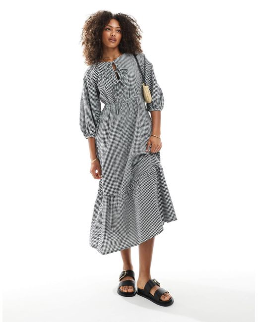 New Look Gray Tie Front Smock Midi Dress