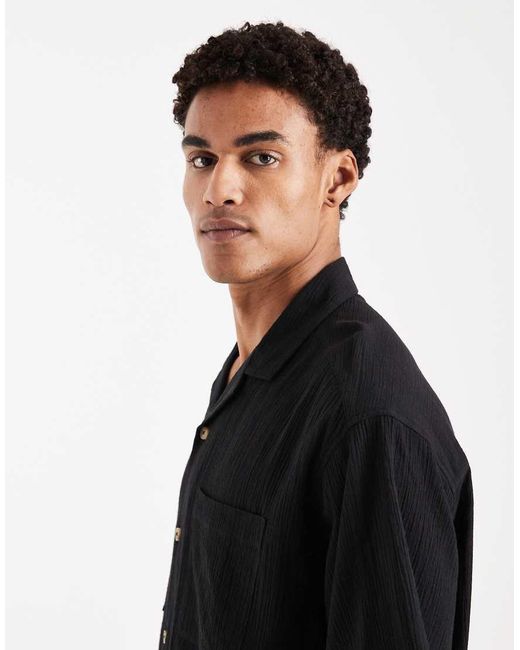 ASOS Black Oversized Revere Crinkle Texture Shirt for men