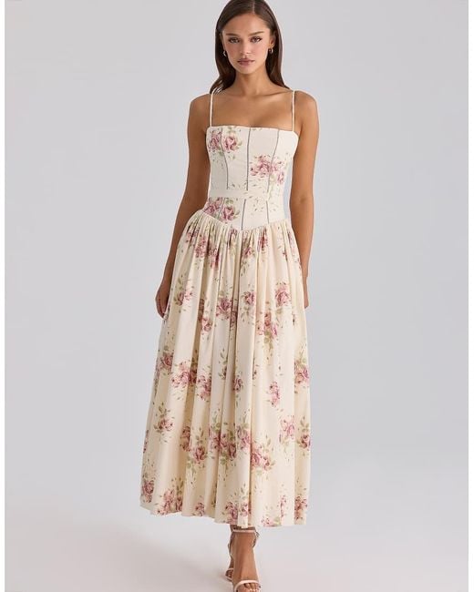 House Of Cb Natural Ysabella Ivory Vintage Rose Print Cotton Midi Sundress