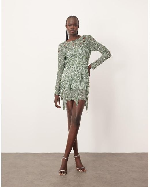 ARRANGE Natural Embellished Floral Cutwork Open Back Mini Dress