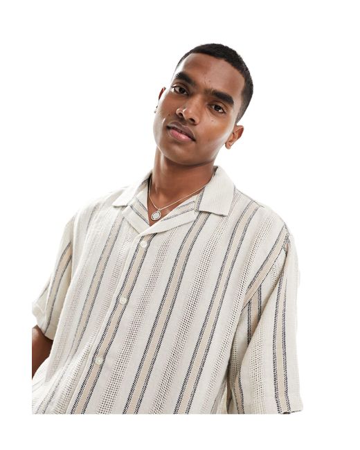 Abercrombie & Fitch White Linen Blend Dobby Stripe Short Sleeve Shirt Relaxed Fit for men