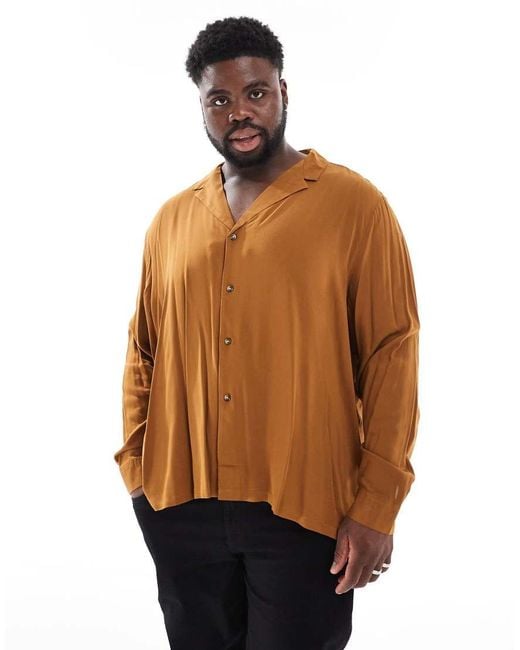 ASOS Brown Relaxed Deep Revere Viscose Shirt for men