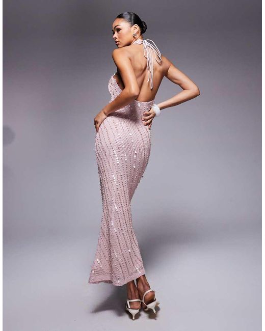 Vestido Largo Cruzado En La Parte Delantera De Croché Con Adornos De Lentejuelas Y Perlas De ASOS de color Purple