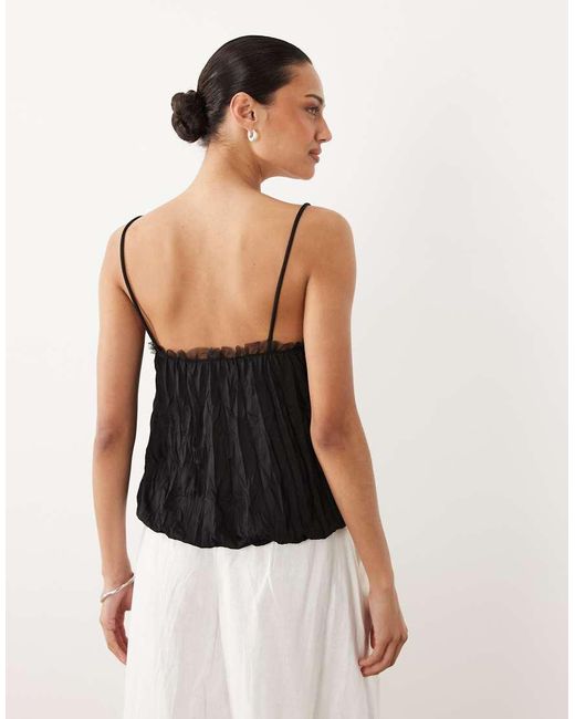 ASOS Black Crinkle Cami With Bubble Hem And Mesh Trim