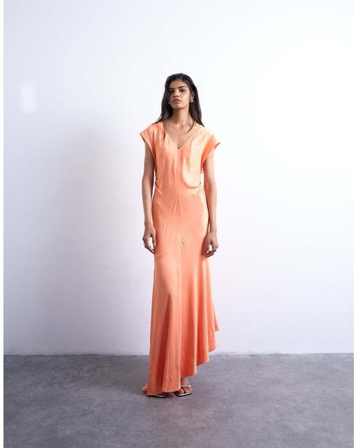 TOPSHOP Orange Deep V Tucked Side Satin Maxi Dress