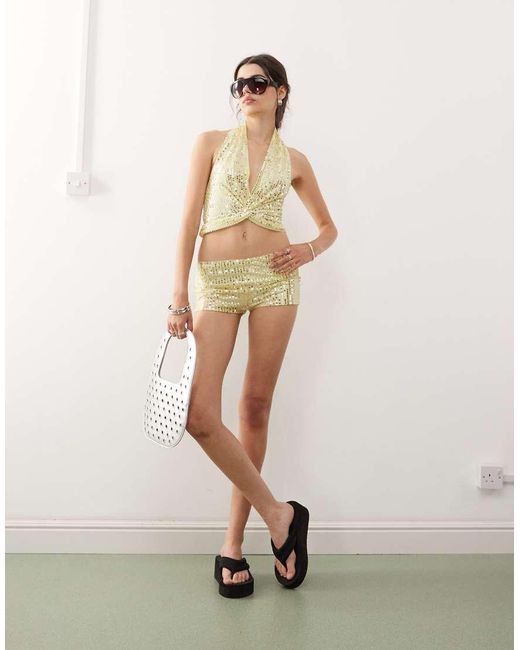 Collusion Natural Festival Sequin Cross Over Halter Top