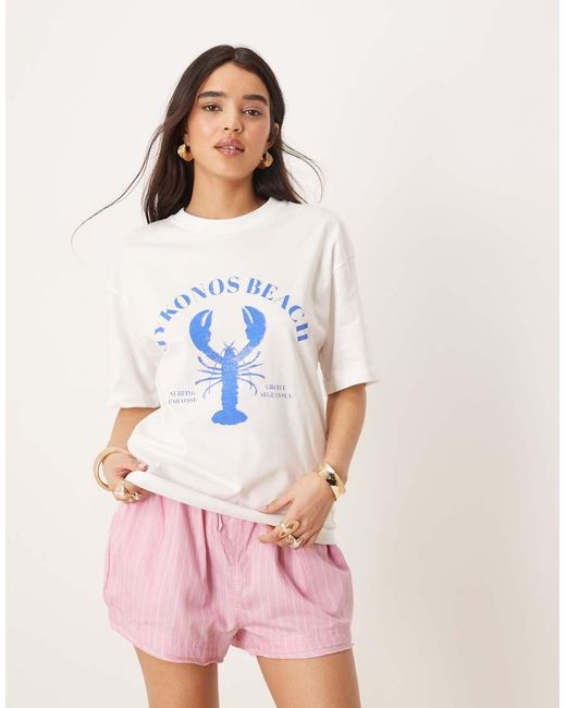 Gina Tricot Oversized T-Shirt Met Korte Mouwen En Mykonos Strandprint in het Pink