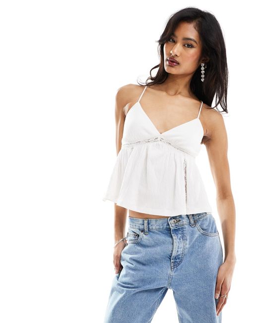 ASOS White Crinkle Lace Insert Cami Blouse With Open Back