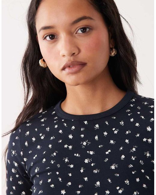 Jdy Blue Flower Print Ribbed T-shirt