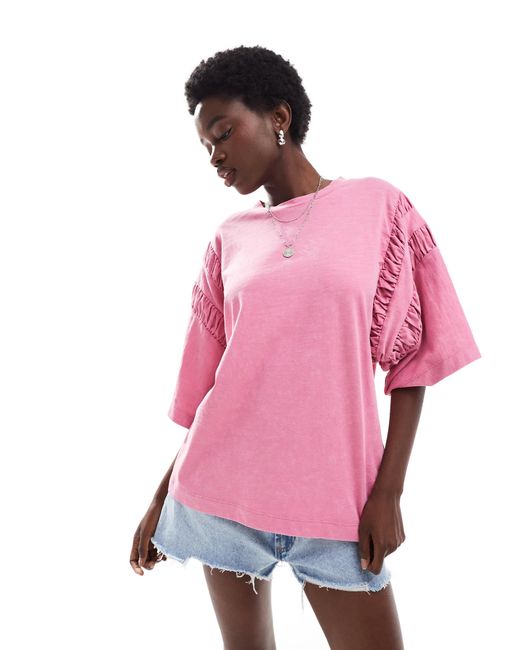 ASOS Pink Oversized T-shirt With Ruched Sleeve Detail