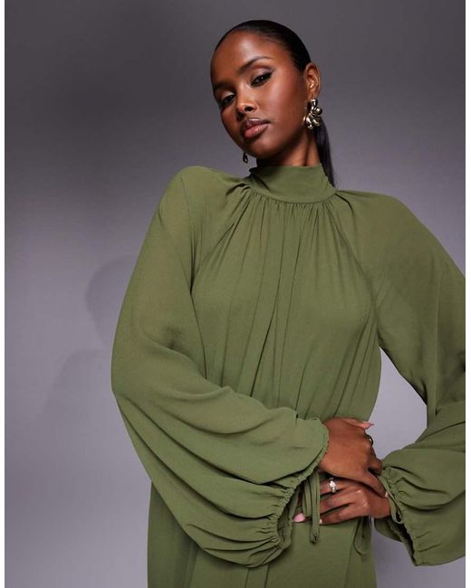TFNC London Green Chiffon Balloon Sleeve Ruffle High Low Hem Maxi Dress