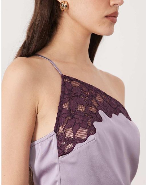 Six Stories Purple One Shoulder Thigh Split Satin And Lace Mix Maxi Dress