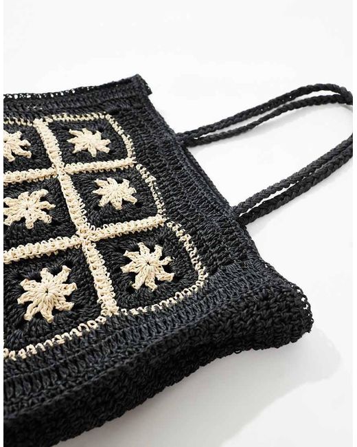 New Look Black Flower Raffia Tote Bag