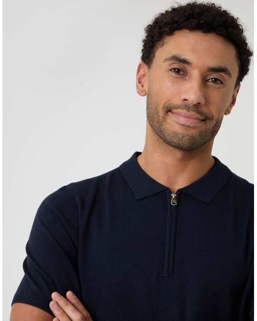 Threadbare Blue Quarter Zip Knitted Polo for men