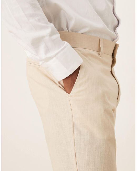 ASOS Natural Linen Look Slim Suit Trousers With Front Pleat for men