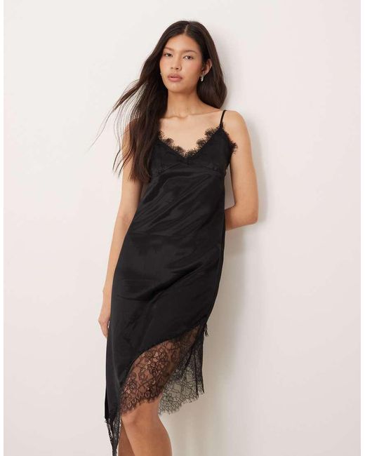 ASOS Black Satin Lace Trim Asym Hem Maxi Dress