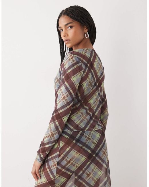 Collusion Brown Long Sleeve Mesh Button Through Top