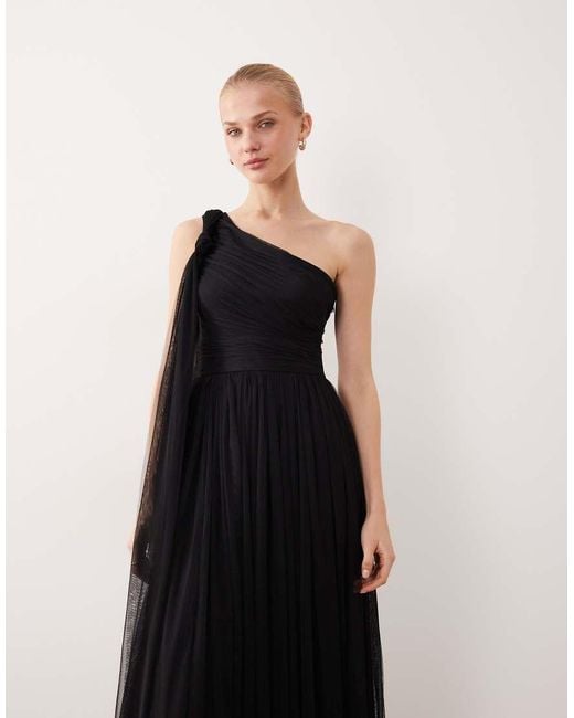 LACE & BEADS Black Bridesmaid One Shoulder Scarf Neck Maxi Dress