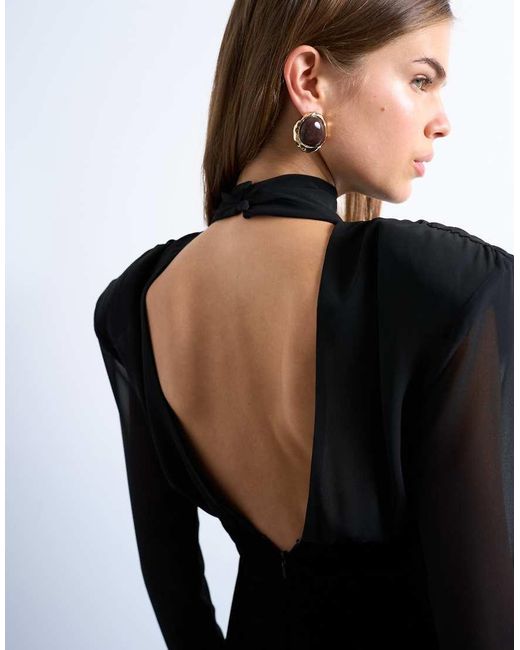 TOPSHOP Black Long Sleeve Velvet And Chiffon Mix Mini Dress With Shoulder Pads