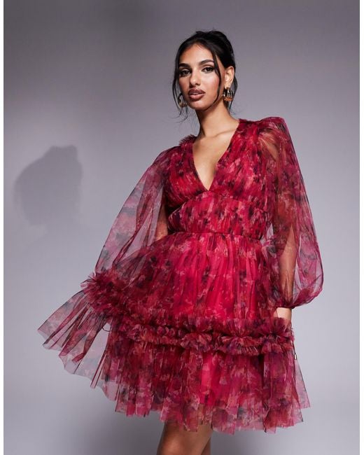 Robe courte en organza à fleurs avec manches ballon - et fuchsia LACE & BEADS en coloris Red