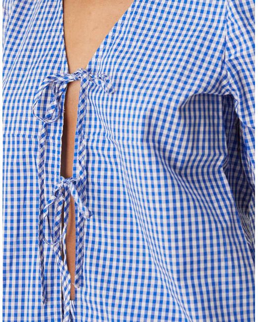 Vila Blue Short Sleeve Tie Front Gingham Check Poplin Top Co-ord