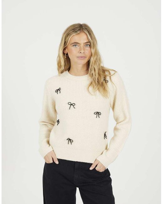 Brave Soul Natural Crew Neck Jumper With Jewel Bow Detail